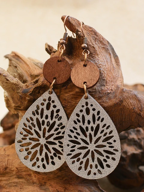 Trendy Vintage Ethnic Round Wood Leather Drop Dangle Earrings For