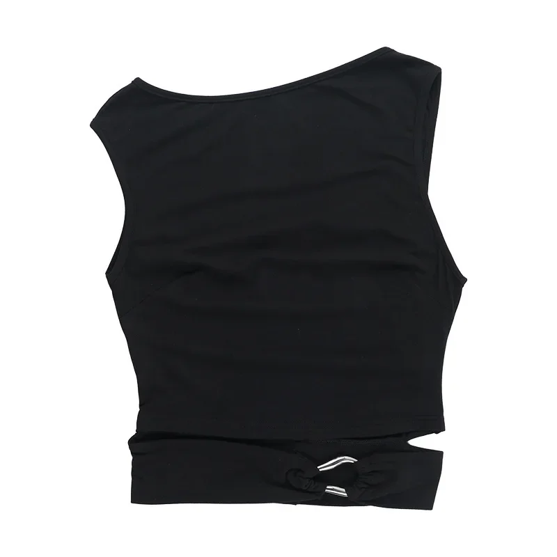 Fashion Summer Crew Neck Cut-Out Women's Sleeveless Solid Color Vest Crossbody Neck Metal Buckle Spice Girl Y2k T-Shirt