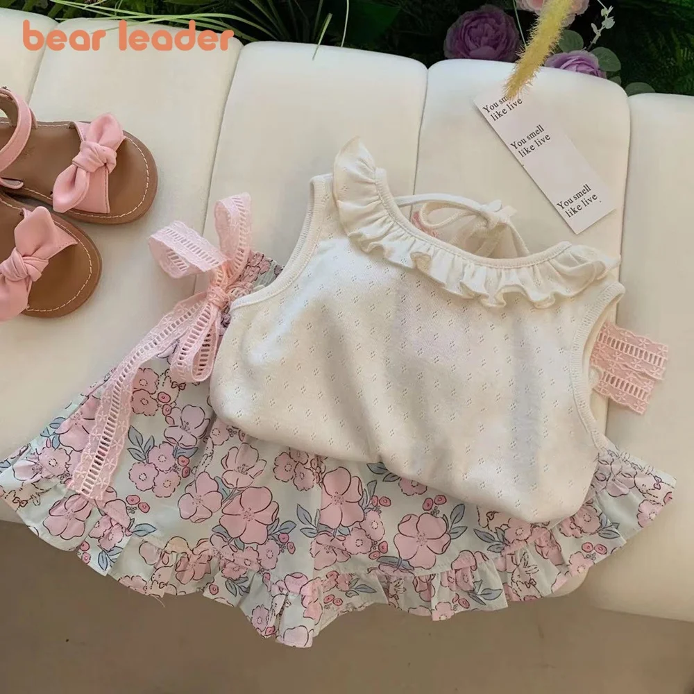 Bear Leader 2-6 anni Set di vestiti carini per bambina Top senza maniche in pizzo estivo + pantaloncini con stampa floreale con fiocco Set di due pezzi