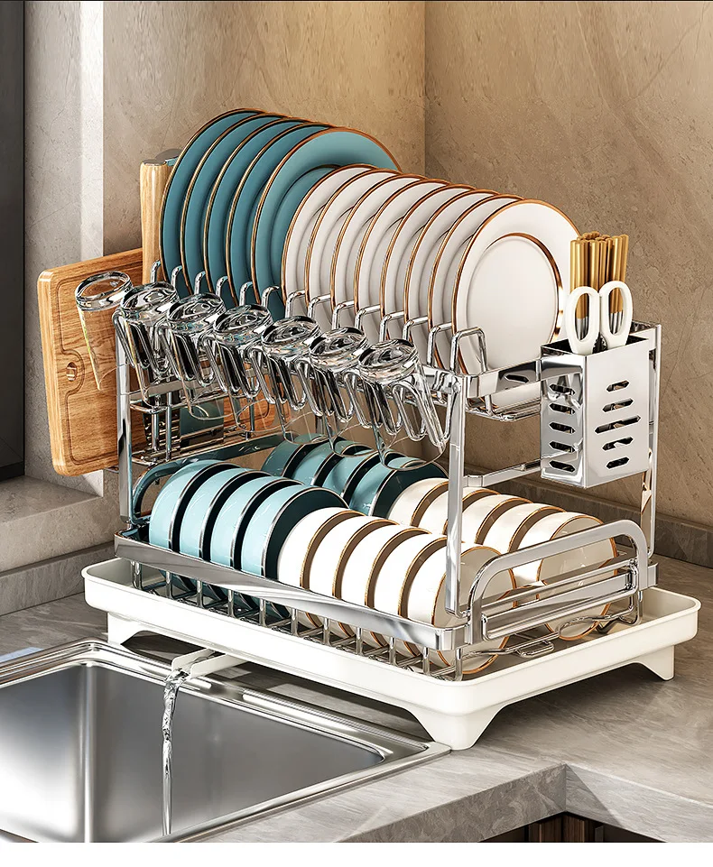 Dish Drying Rack - 2 Tier Stainless Steel Over Sink Shelf with Utensil Holder