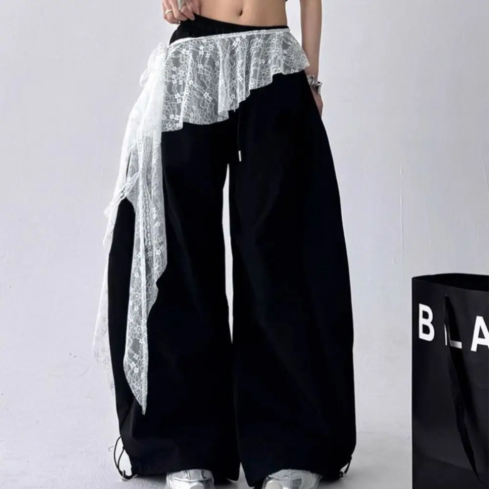 Jeans Pants Decor Embroidered Flower Lace Mini Skirt See Through Y2K Streetwear Ruched Skirts High Waist Irregular Butt Curtain