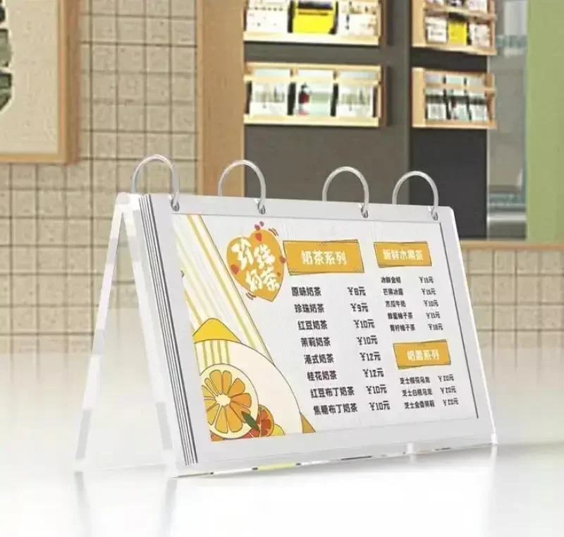 Turning Two-sided Display Vertical Page Type Transparent Tabletop Promotion Stand Sign Loose-leaf Acrylic Advertising Menu