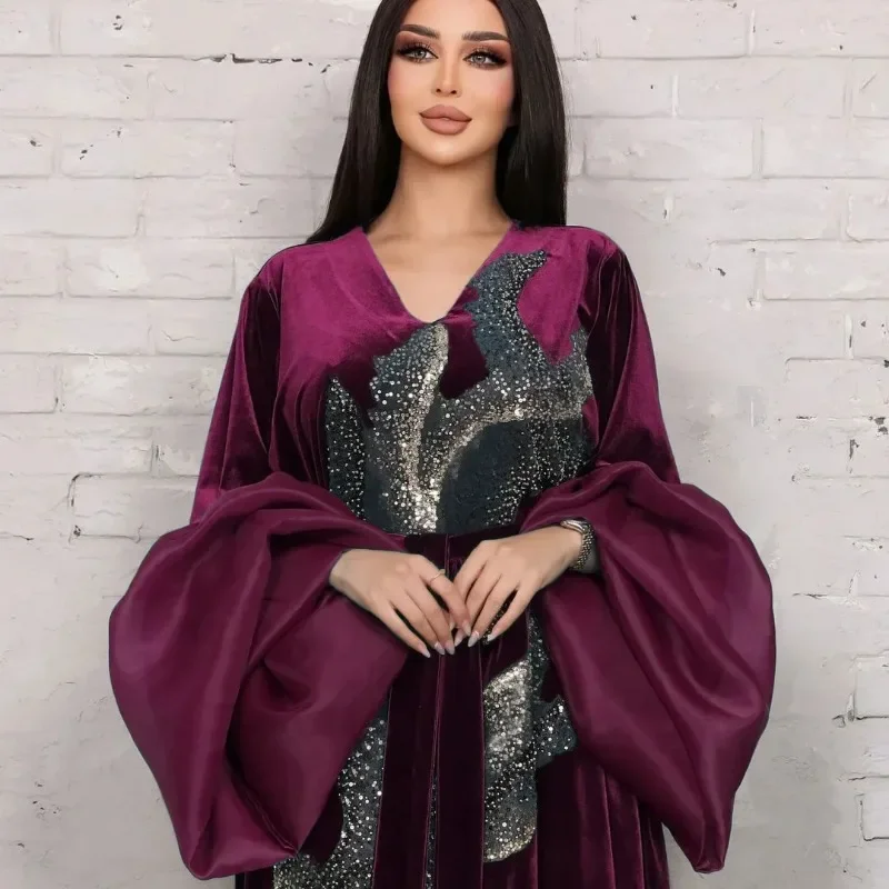 

Abayas for Women Autumn Fashion Muslim Women Long Sleeve V-neck Black Blue Long Abaya Dubai Abaya Muslim Dress Women S-2XL