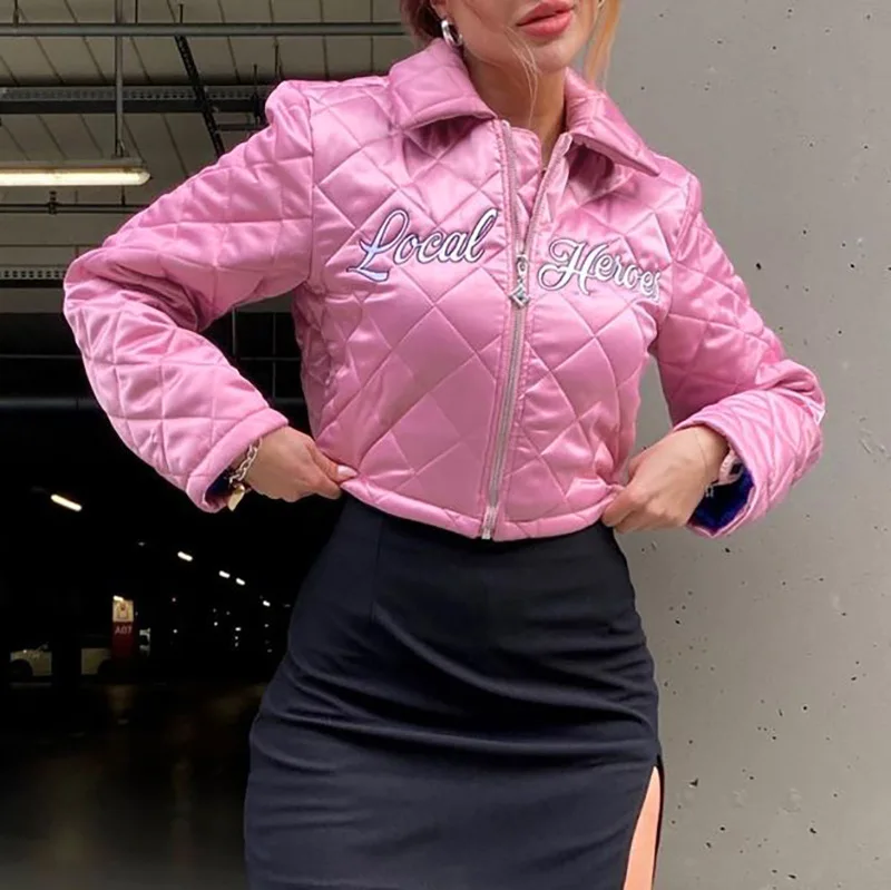 Autumn New Style 2023 Pink Solid Color Letter Embroidered Casual Stand-up Collar Jacket Cropped Jackets Winter Coats Shiny Coat soda shiny top coat sparklethedayaway сияющий топ коат для губ