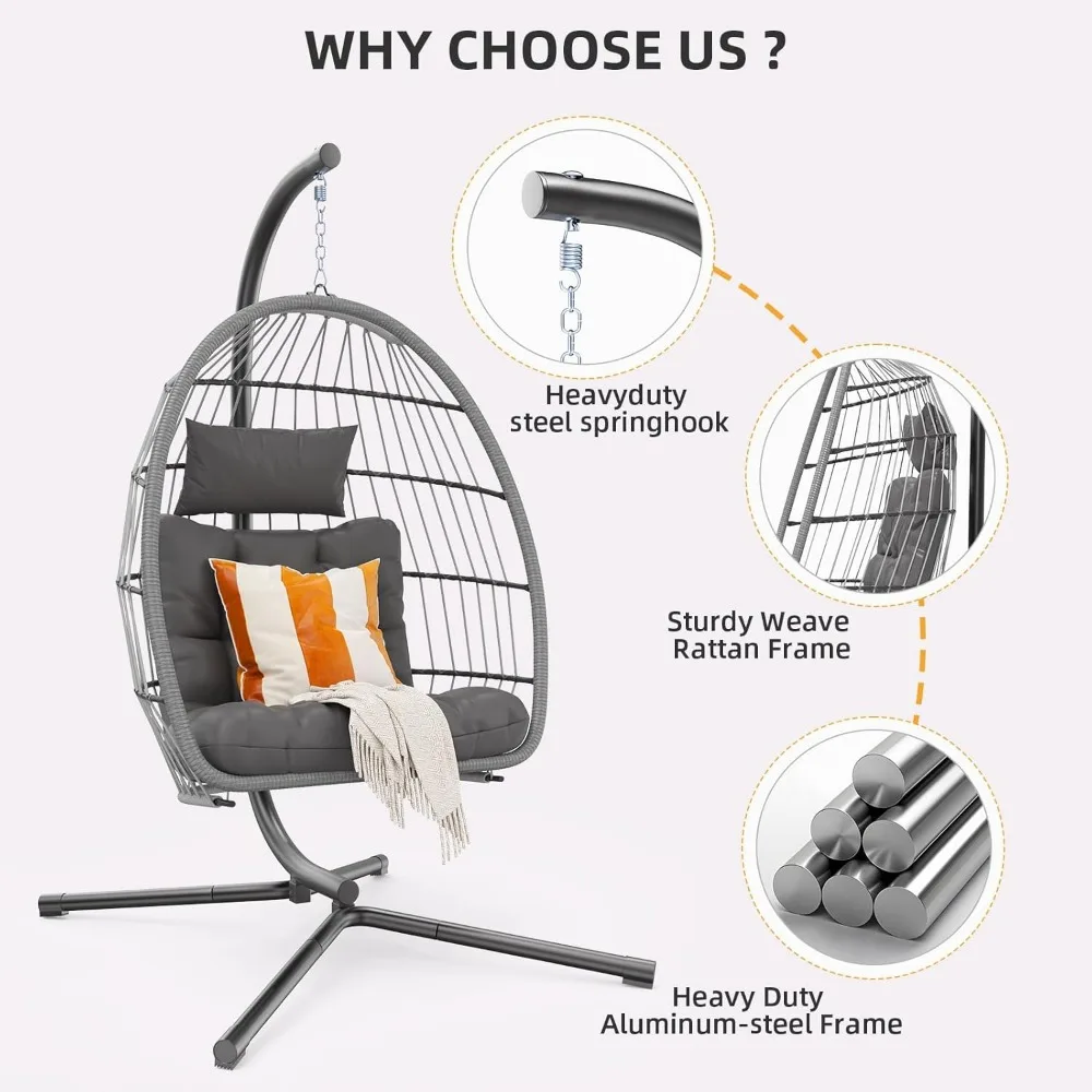 Hanging Egg Swing Chair with Stand, Patio Wicker Hammock Egg Swing with Cushion for Bedroom Garden Indoor Outdoor (Gray) 4