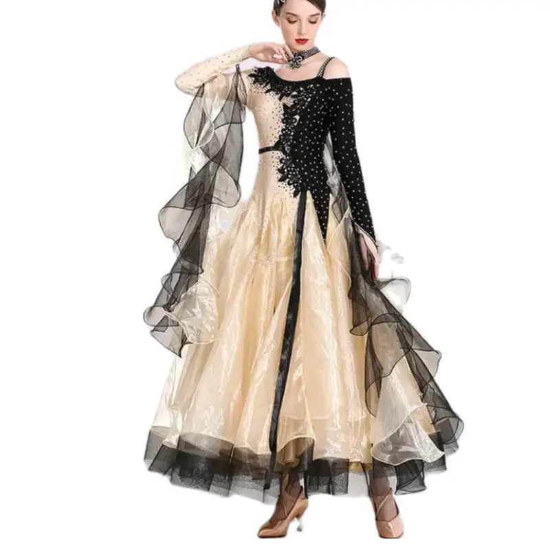 1pcs/lot Inclined Shoulder Splicing Bright Ballroom Dance Competition Dress For Women Waltz dancing Dress