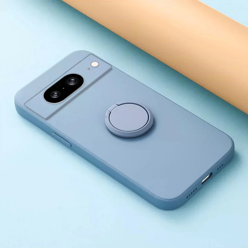 Silicone Back Cover with Finger Ring Stand and Camera Lens Protection – Solid Color Soft Phone Case