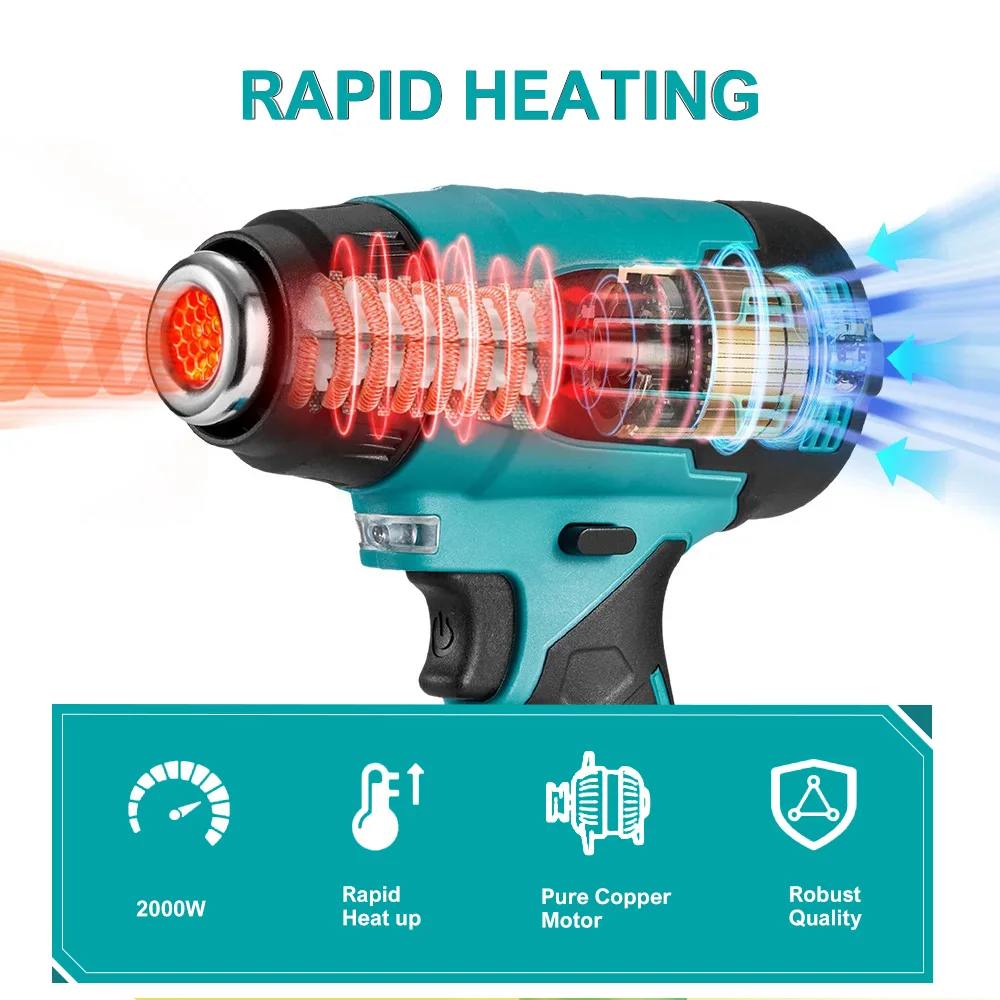 2000W Cordless Heat Gun LED Display Soldering Thermal Blower Digital Temperature Electric Hot Air Gun For Makita 18V Battery 2