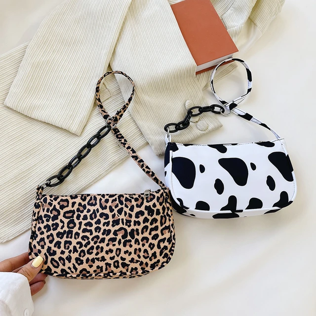 Bolso de pecho para mujer, bolso cruzado de cuero PU, cadena con estampado  de leopardo, bolsos de ocio (blanco)