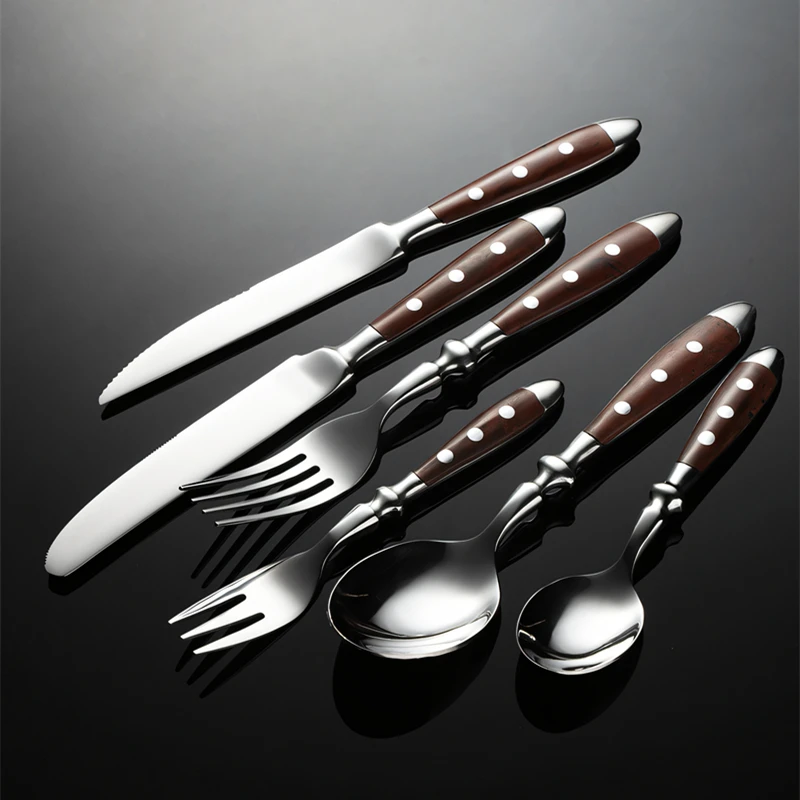 430 Stainless Steel Western Cutlery Set Point Rivets Wooden Handle Dinnerware Knife Fork Spoon Teaspoon for Kitchen western style cutlery set stainless steel cutlery set cutlery set
