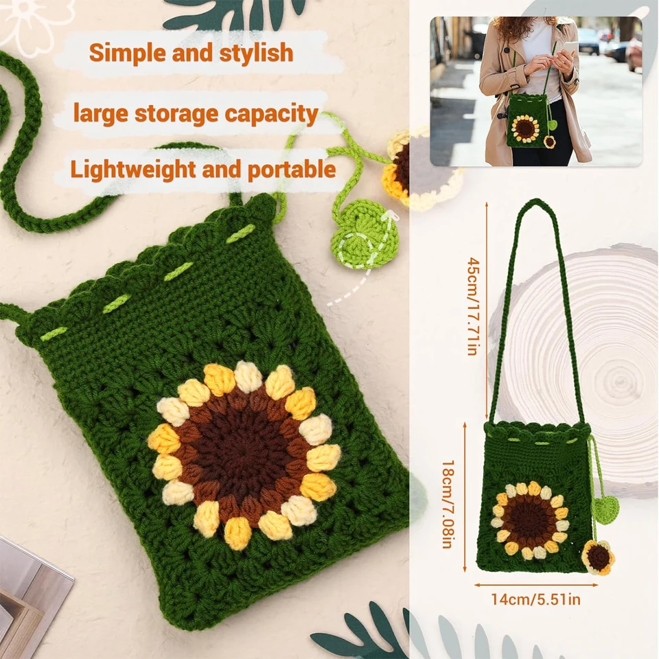 Single Shoulder Crochet Bag with Flower Pattern Small Storage Bag Crochet Material Set Kniting Kits for Starter