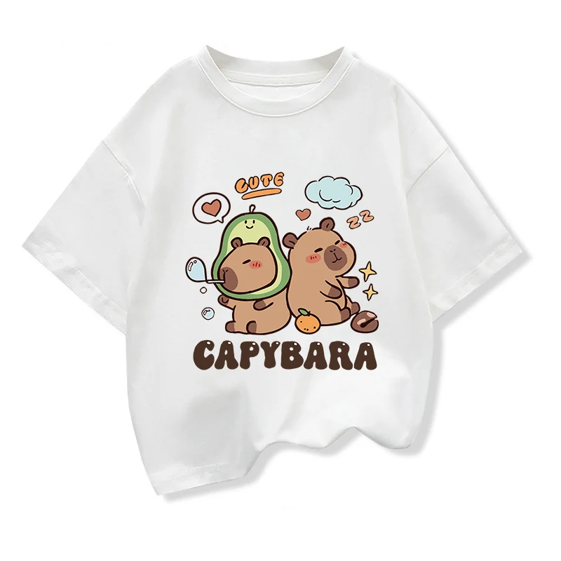 2025 New Kids Shirts Capybara Printed Cartoon T Shirt for Girls Summer Animal Printing Boy T Shirt Tops Tees Children Clothes 2