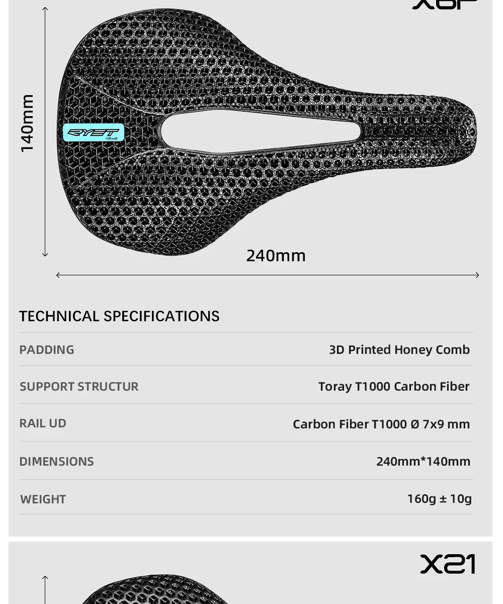 RYET 3D-gedruckter Fahrrad-Carbon-Sattel, 140 mm, 143 mm, superleicht, Rennrad, MTB, Racing, 3D/EVA-Sättel, Fahrradkissen, Fahrrad-Sitzteil – Detail 3