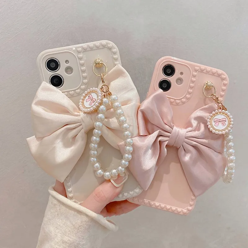 

Pearl Bracelet With Fabric Bow Phone Case For iphone 13 12 11 13 Pro Max Mini X XR XS Max 6 S 7 8 Plus Soft Phone Shell