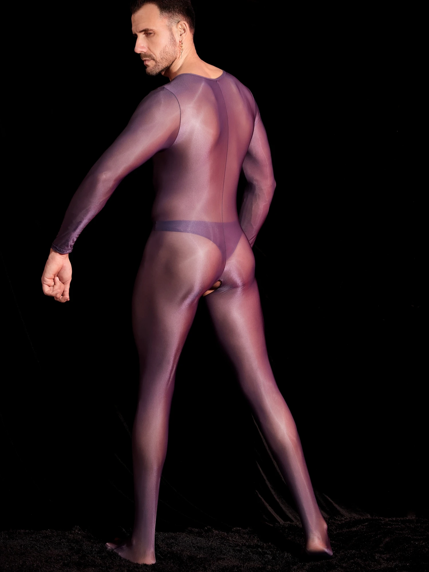 New Jumpsuit for Men Sheer Shiny Glossy Thin Full Bodystocking Silky High-end Elasticity Fabric Open Crotch Style Male Pajamas