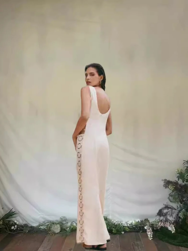 

QWEEK Sexy Hollow Out Cut Out Long Dress Women 2024 Summer Backless Beach Holiday Vacasion Vintage Casual Maxi Dresses