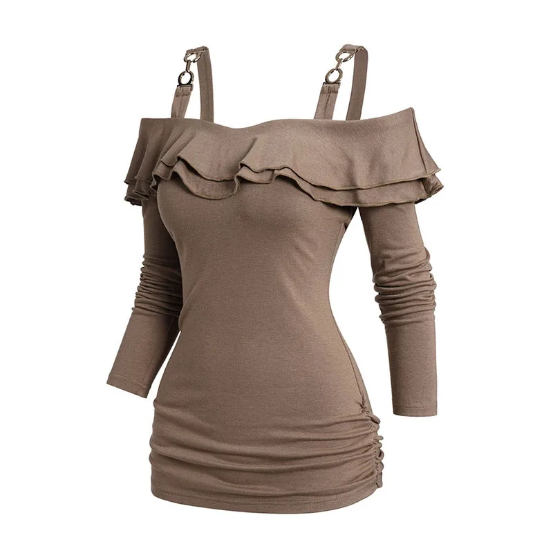 

2024 New Cold Shoulder Ruffle Blouse Plain Color Metal Decor Ruched Side Casual Top Long Sleeve Tops