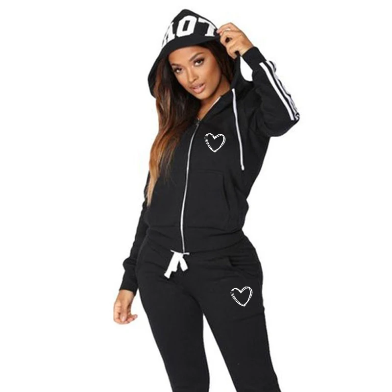 Women Fashion Heart Casual Tracksuits Long Sleeve Zipper Hoodies and Trousers Sport Suits Hoodies Slim Jogging Suits
