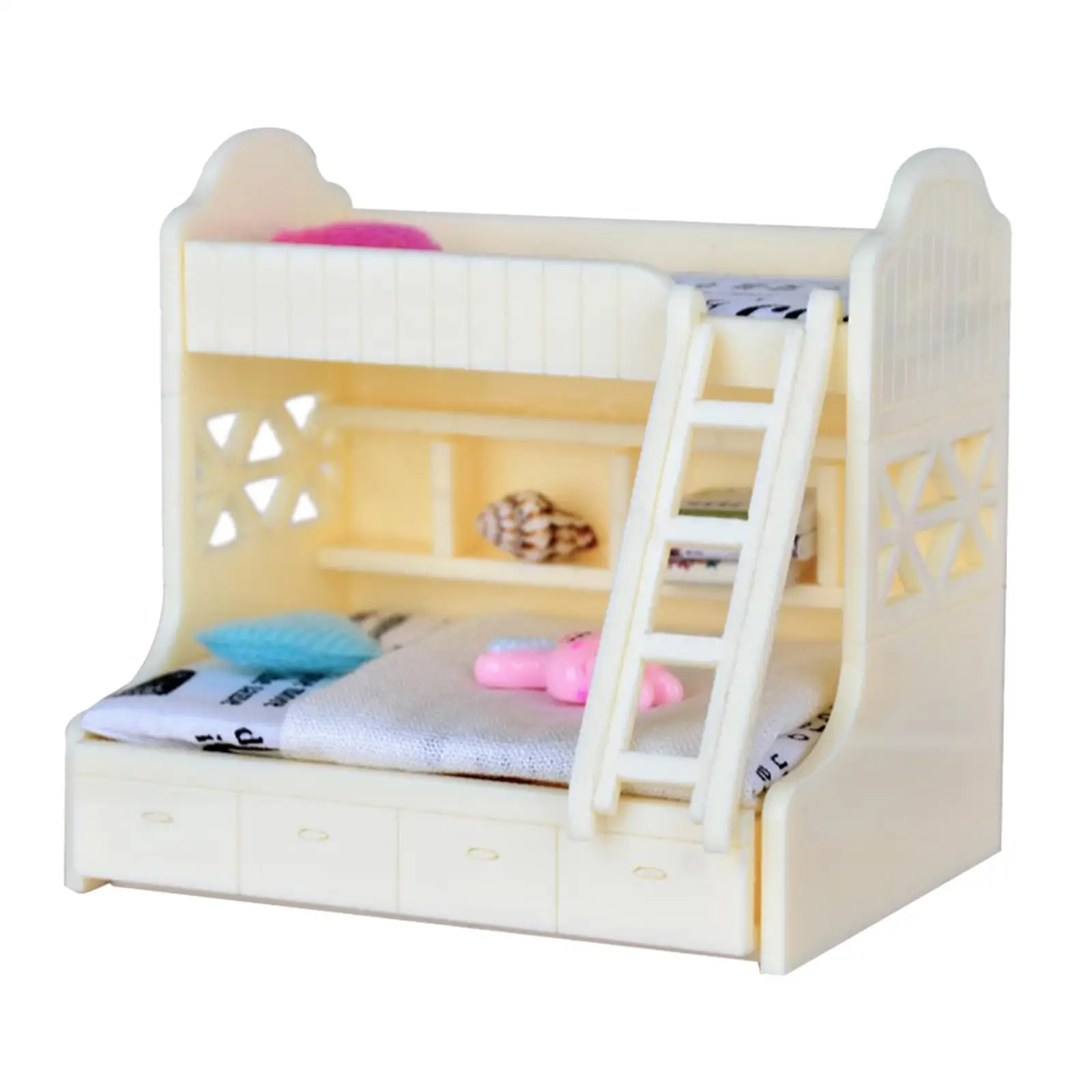 

1/12 Assembling Toy Cream Color Dollhouse Miniature Furniture Bunk Bed Doll Home Bedroom Decoration Accessory House Model