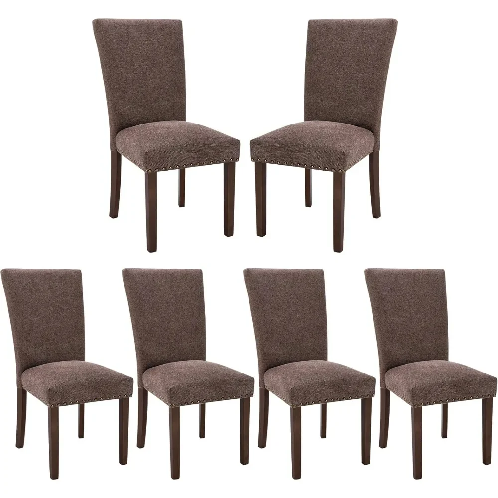 Fabric Parsons dining chair 6-piece set, fabric restaurant kitchen side chair with nail head trim and wooden legs-brown