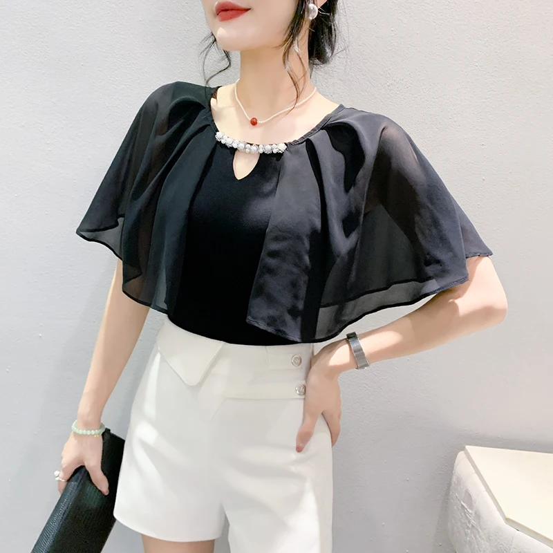 

Женская футболка с круглым вырезом, черная летняя свободная футболка с круглым вырезом и бисером, футболки с коротким рукавом, новинка 2024