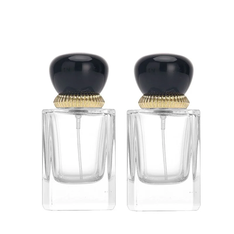 

6pcs Glass Refillable Bottle Silver Spray Mist Crimp Pump Black Lid 50ml Atomizer Luxury Transparent Square Empty Perfume Bottle