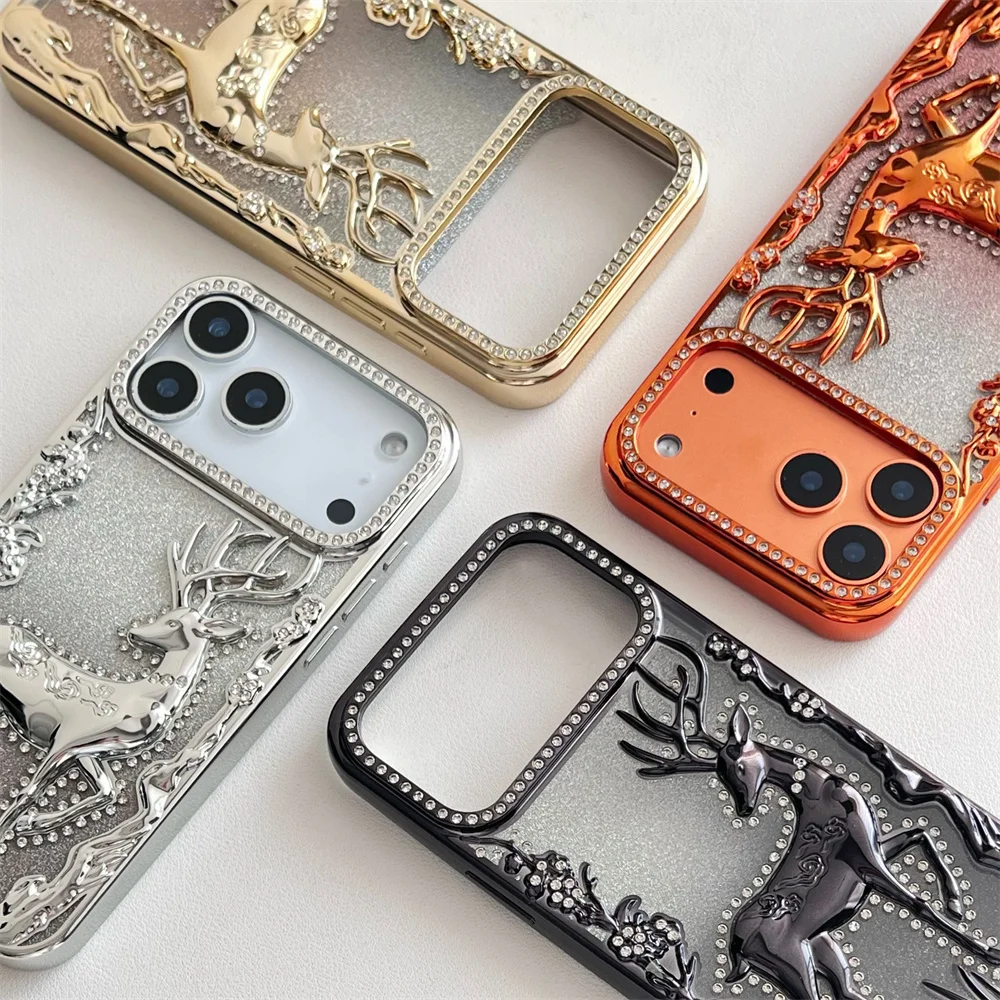 Glitter Rhinestone Deer Phone Case with Full Screen Protection and Soft Plating Armor Design