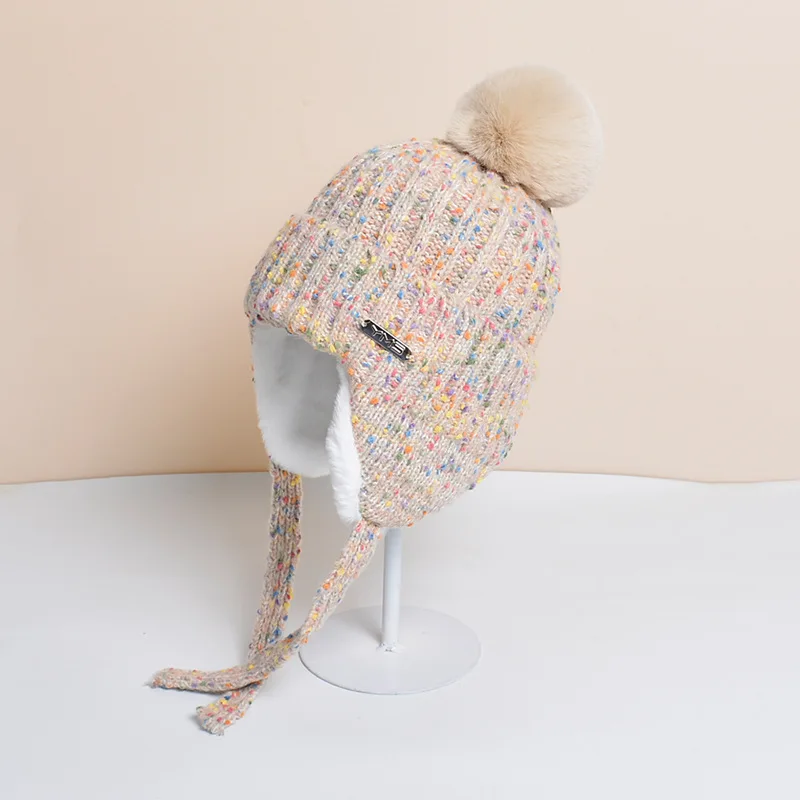 Gorros con orejeras para mujer, franjas de diferente Color, Sherpa Ski Snow, grueso, de felpa de punto, sombrero de bombardero con pompón grande_voghion.com