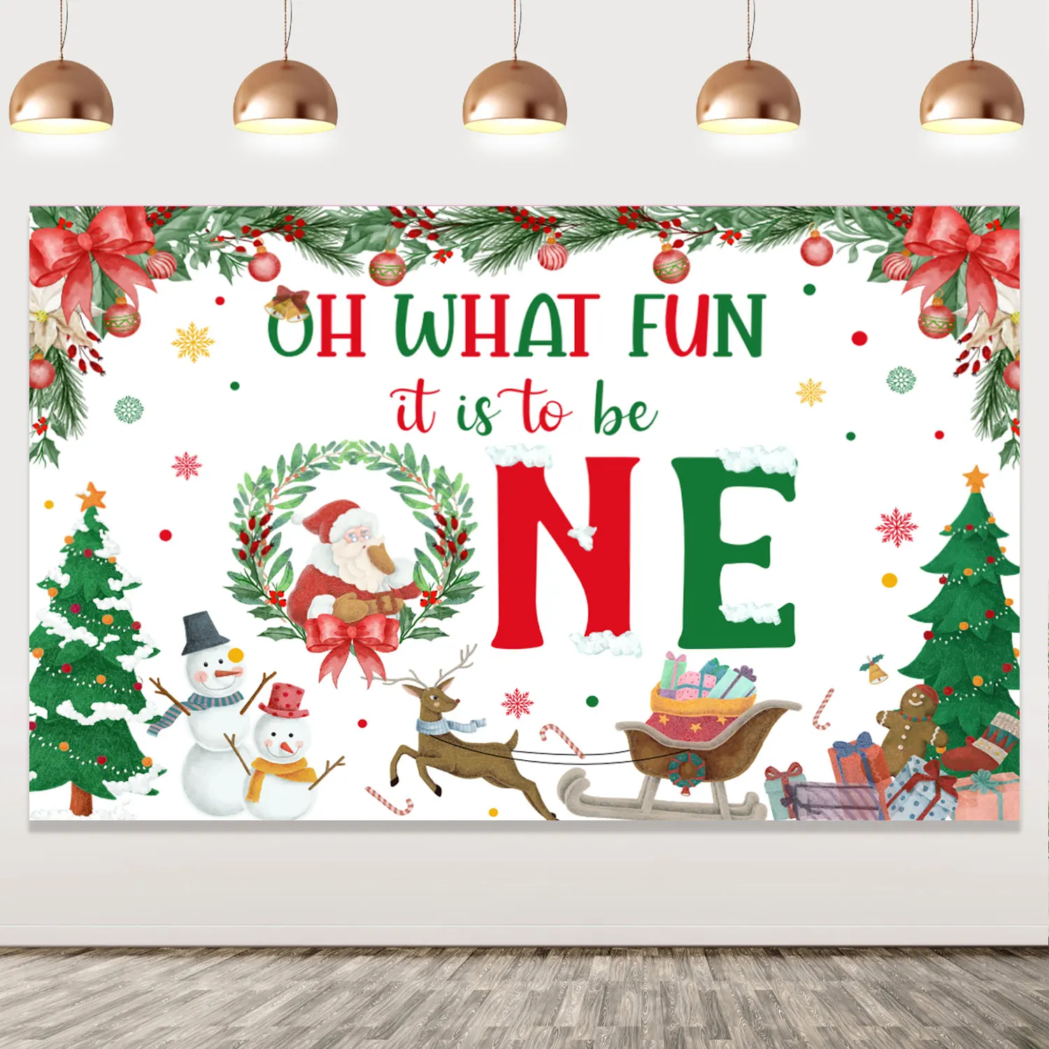 

Christmas Backdrop for Kids, Oh What Fun It Is To Be One, Santa Claus, Deer, Snowman, Christmas Tree, 1st Birthday Party Decorat