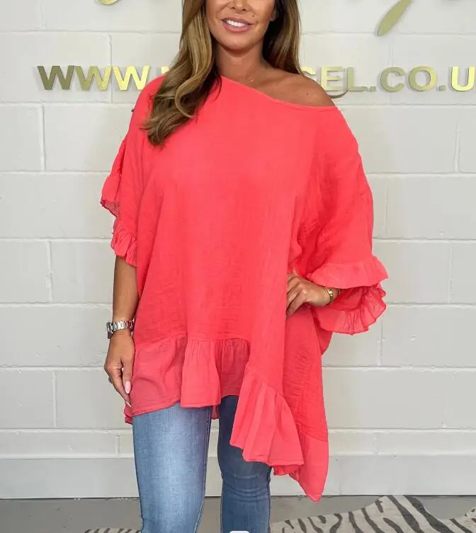 Plus-size women's Blouse ruffled fashion elegant bat sleeve loose solid colour. L-5X photo