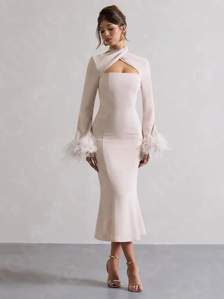 Cocktail Party Dresses Halter Neck Homecoming Gowns Long Sleeves Pageant Dresses Mermaid Feathers