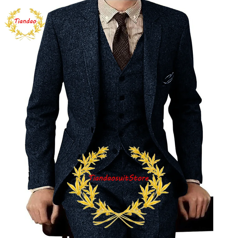 Men's 3 Piece Wool Suit Herringbone Jacket Pants Vest Slim Fit Business Outfit