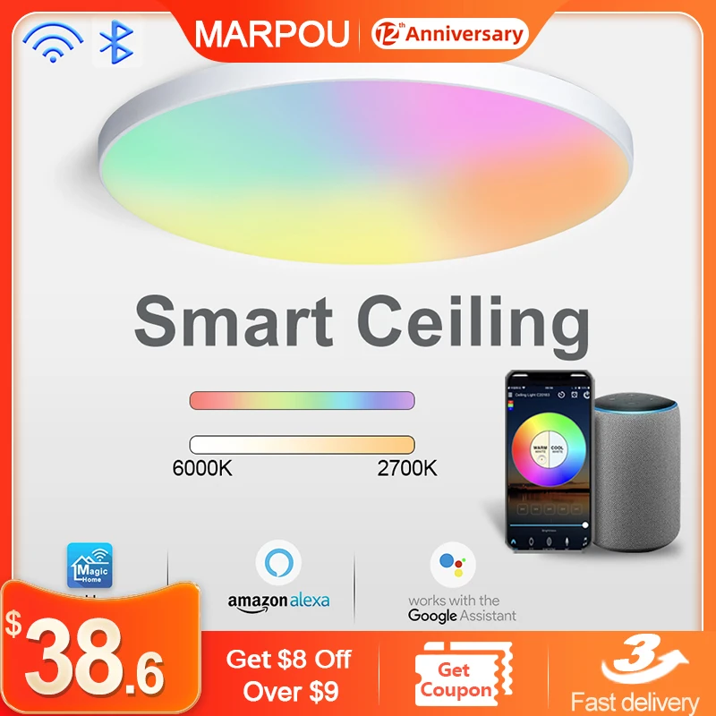 Умный потолочный светильник MARPOU светодиодная лампа RGB для потолка с Wi-Fi и