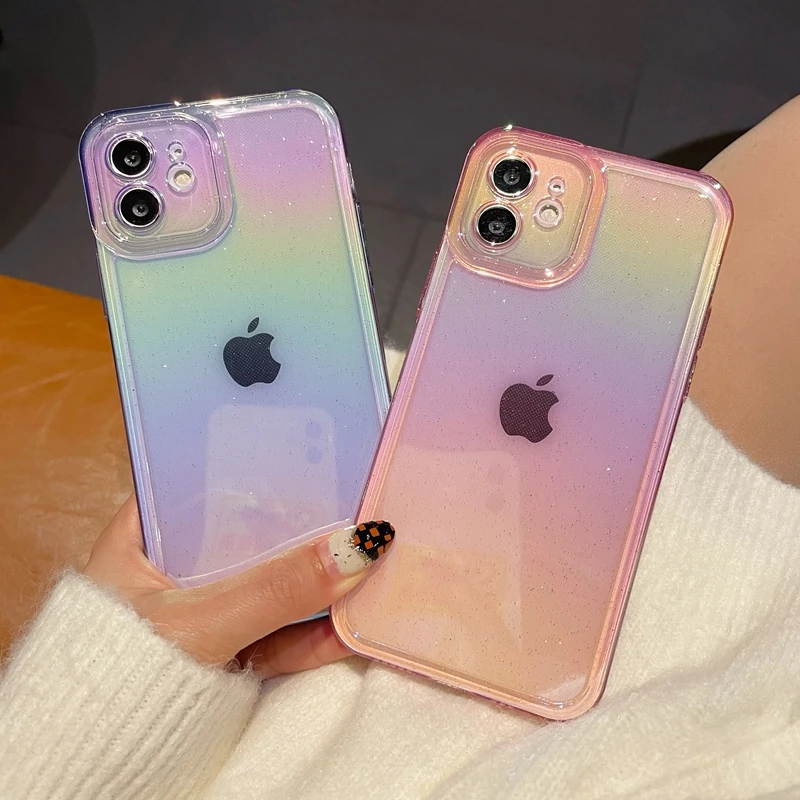 

10Pcs/Soft Laser Rainbow Silicone Phone Case For iPhone 11 12 13 14 Pro Max X Xs Max XR Shockproof Transparent Bumper Back Cover