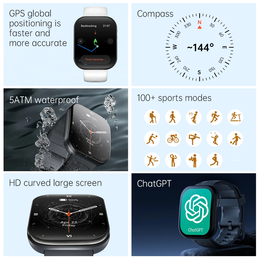 KUMI U6 1.96″ AMOLED GPS Smart Watch Bluetooth Call Compass Path Retracing Heart Rate Measurement Oximetry Men Women 2