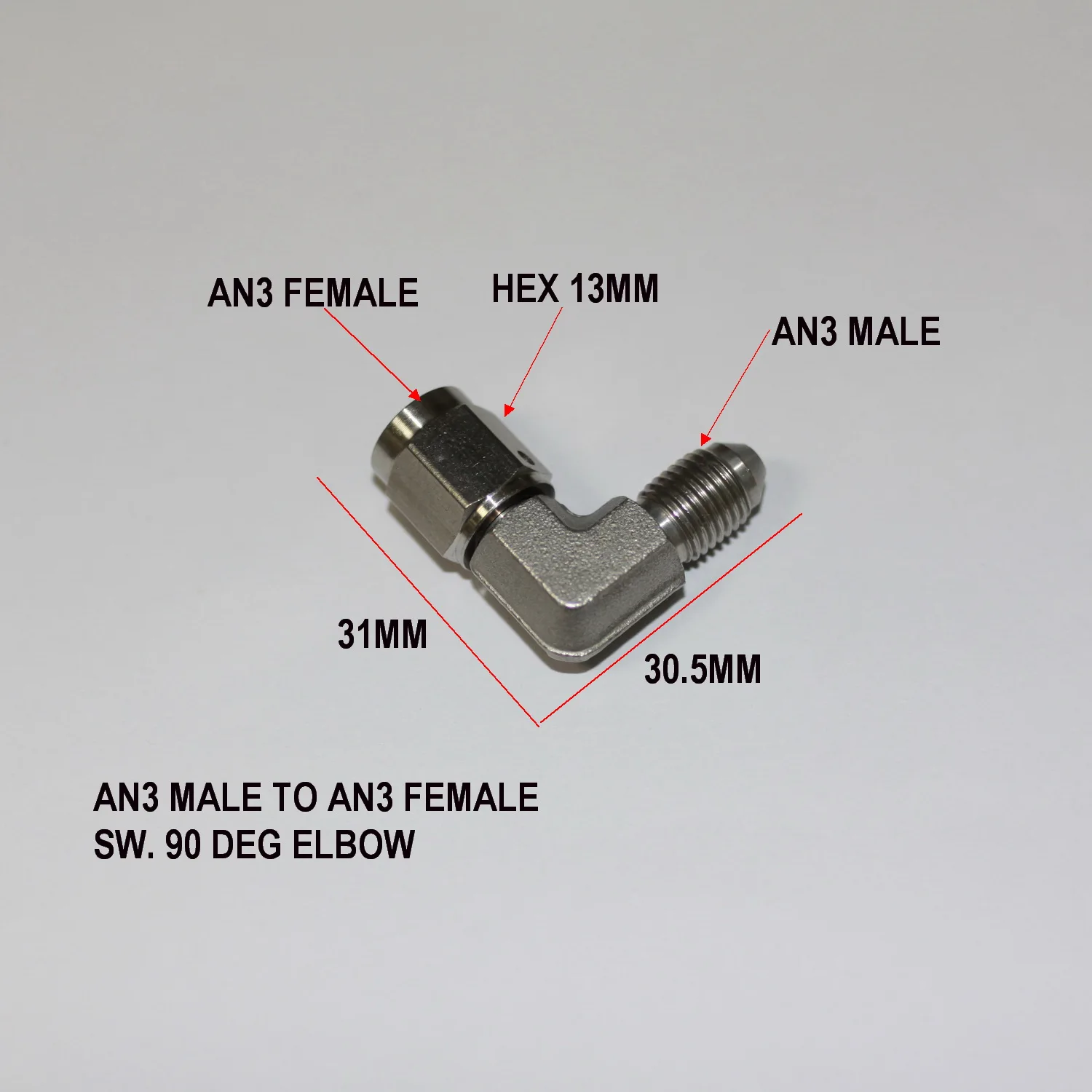 

Stainless Steel Forged AN3 Male to AN3 Female Swivel 90 Degree Elbow