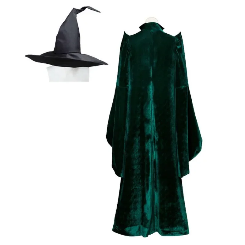 Movie Professor Mileva McGonagall Cosplay Costume Adult Women Green Cloak Witch Hat Suit Halloween Party Outfit