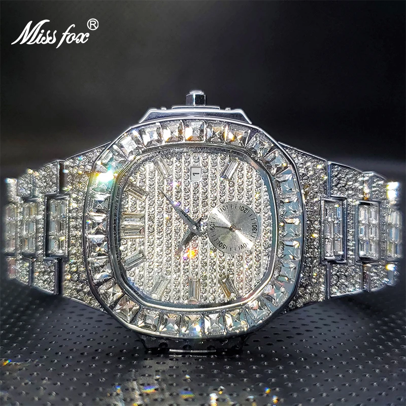 Men's Diamond Watch with Double Dial MISSFOX Classic Square Ice Out Large Men Wristwatch Waterproof Wholesale Froze Bijoux Homme