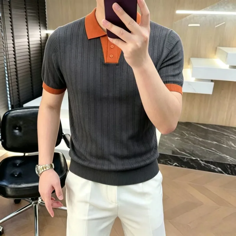 Polo in maglia di lusso estiva 2026 da uomo, a maniche corte, casual, elegante, con inserti, per affari e occasioni sociali, abbigliamento uomo - immagine 3