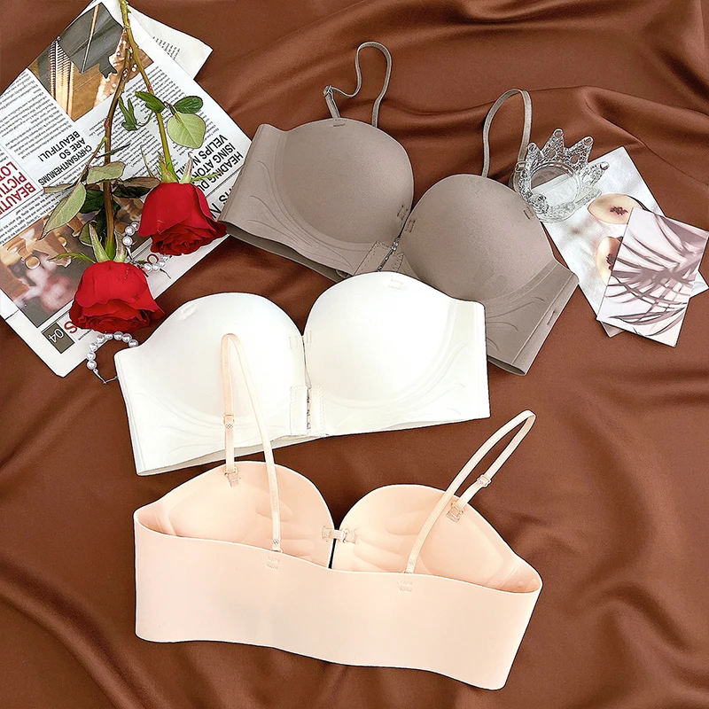 Front Closure Push Up Bras Women's Sexy Seamless Plunge No Steel Brassiere Thick Female Underwear Solid Color Invisible Lingerie 3