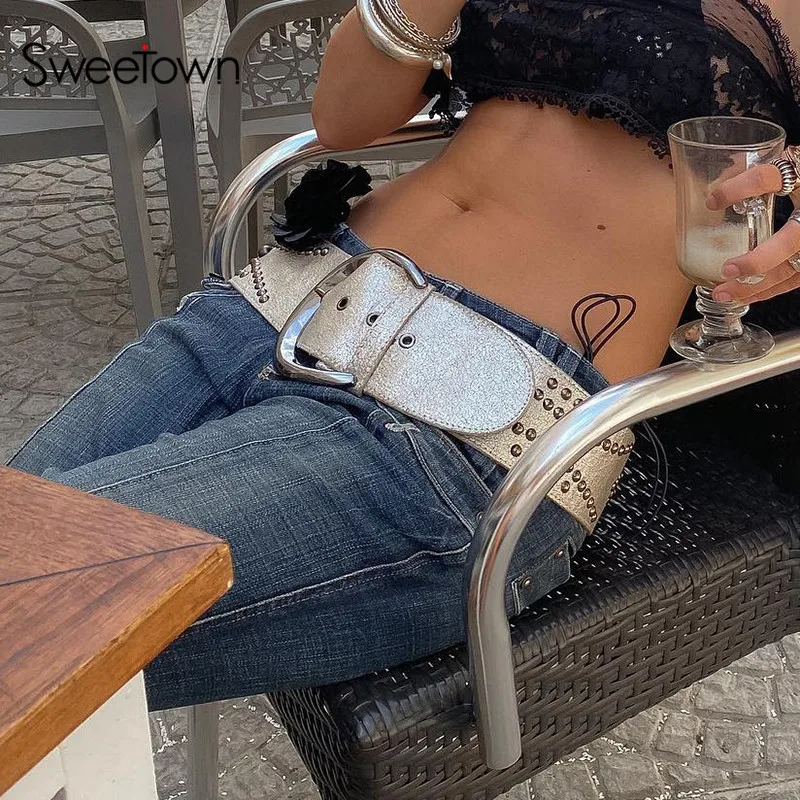 

Женские широкие ремни Sweetown Grunge Y2K, серебристые регулируемые ремни в стиле панк с заклепками, модные аксессуары в стиле пэчворк
