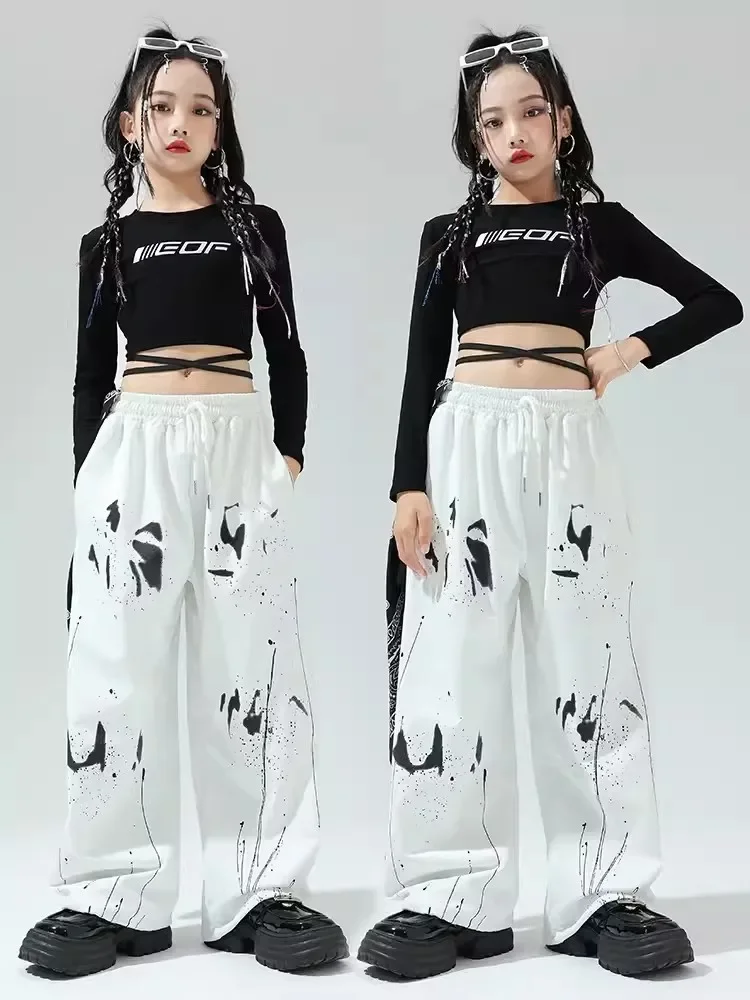 

Hip Hop Clothes For Girls Long Sleeves Tops Fashion White Sweatpants Modern Dance Performance Wear Kids Jazz Dance Costume