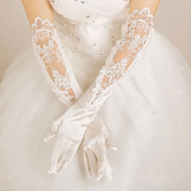 The satin long lace flower embroidered hollow wedding banquet bride opera gloves elegant evening dress accessories.