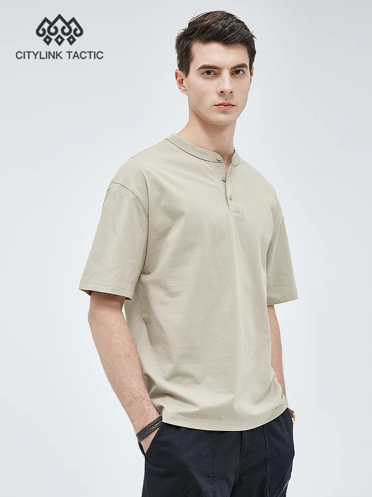 

Casual Thin Button Henry Neck Apricot Short Sleeved T-shirt