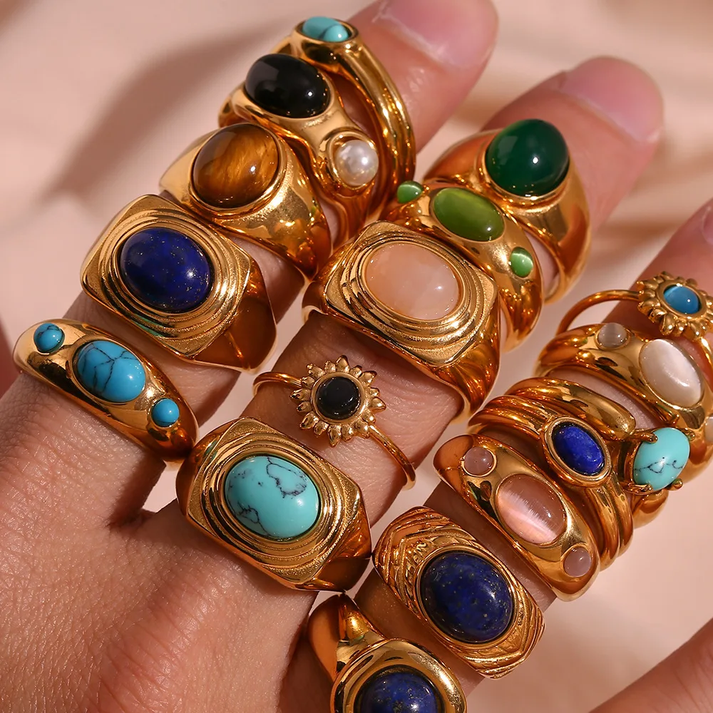 Natural Stone Titanium Steel Ring Stainless Steel Gold-Plated Ring Jewelry Finger Accessories Gift