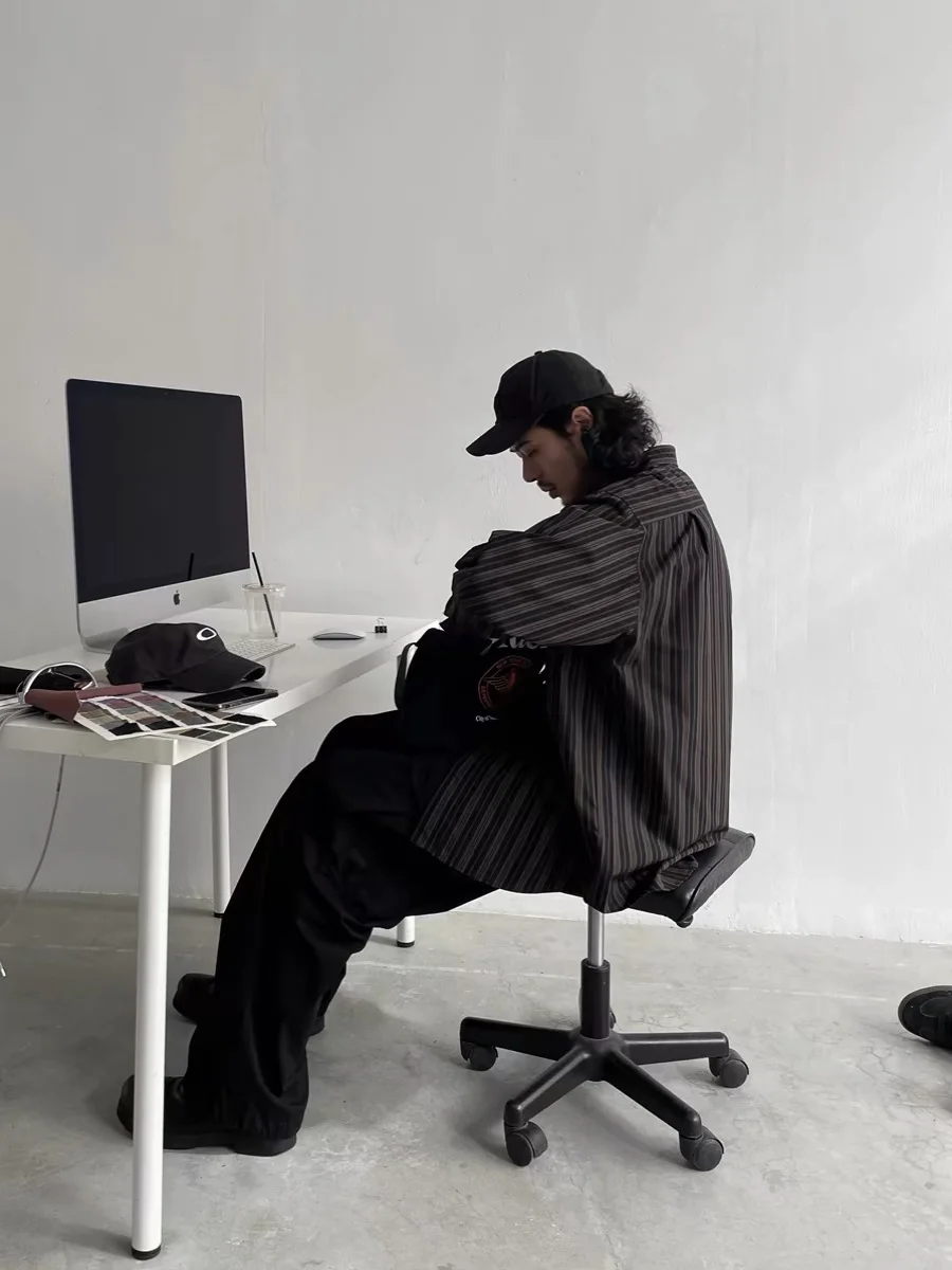 Retro Japanese Sle Long Sve Men's irt Loose Casual Silhouette Bla Vertical Stripes Spring Autumn Season irt