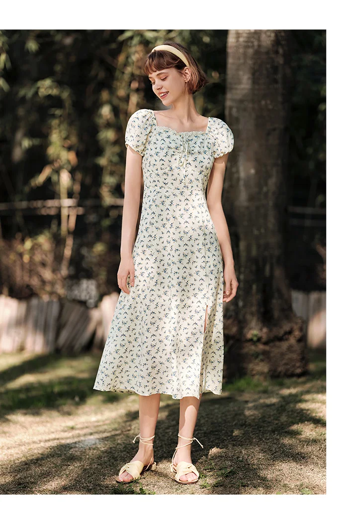 Dress Women Split Bubble Sleeve Medium Long Dress Summer New Square Neck Chiffon Floral Dress Romantic Elegant