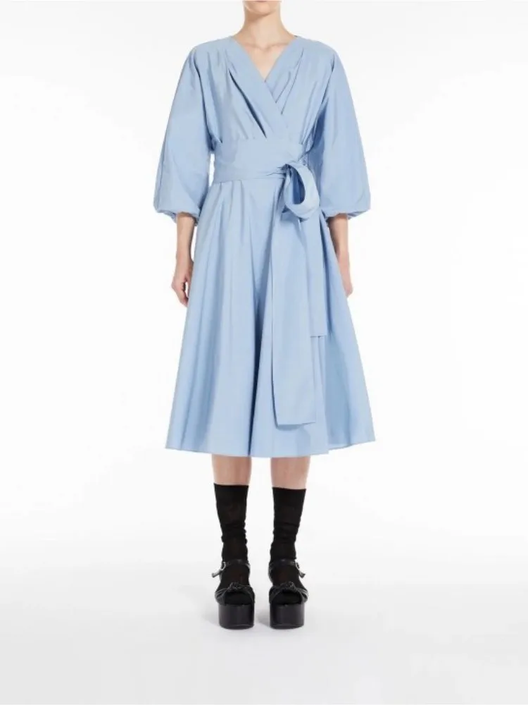 

Women Lace-Up Blue Mid-Length Dress Lantern Sleeve 2023 New Summer Fashion Simple High Waist Ladies Temperament Robe