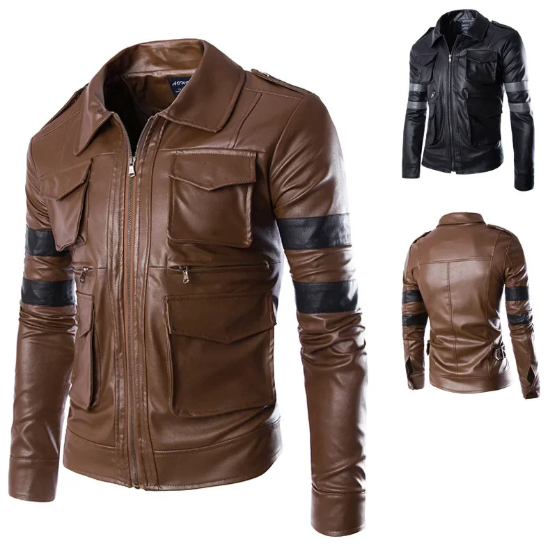 

2023 Men's Spring and Autumn Short Leather Fashion Handsome Standing Neck Pocket Colored Men's Coat