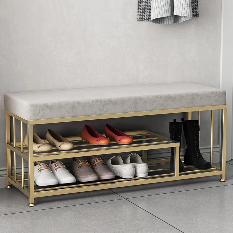 North Luxury Golden Velvet Shoe Changing Storage Ottomans Footrest Rack